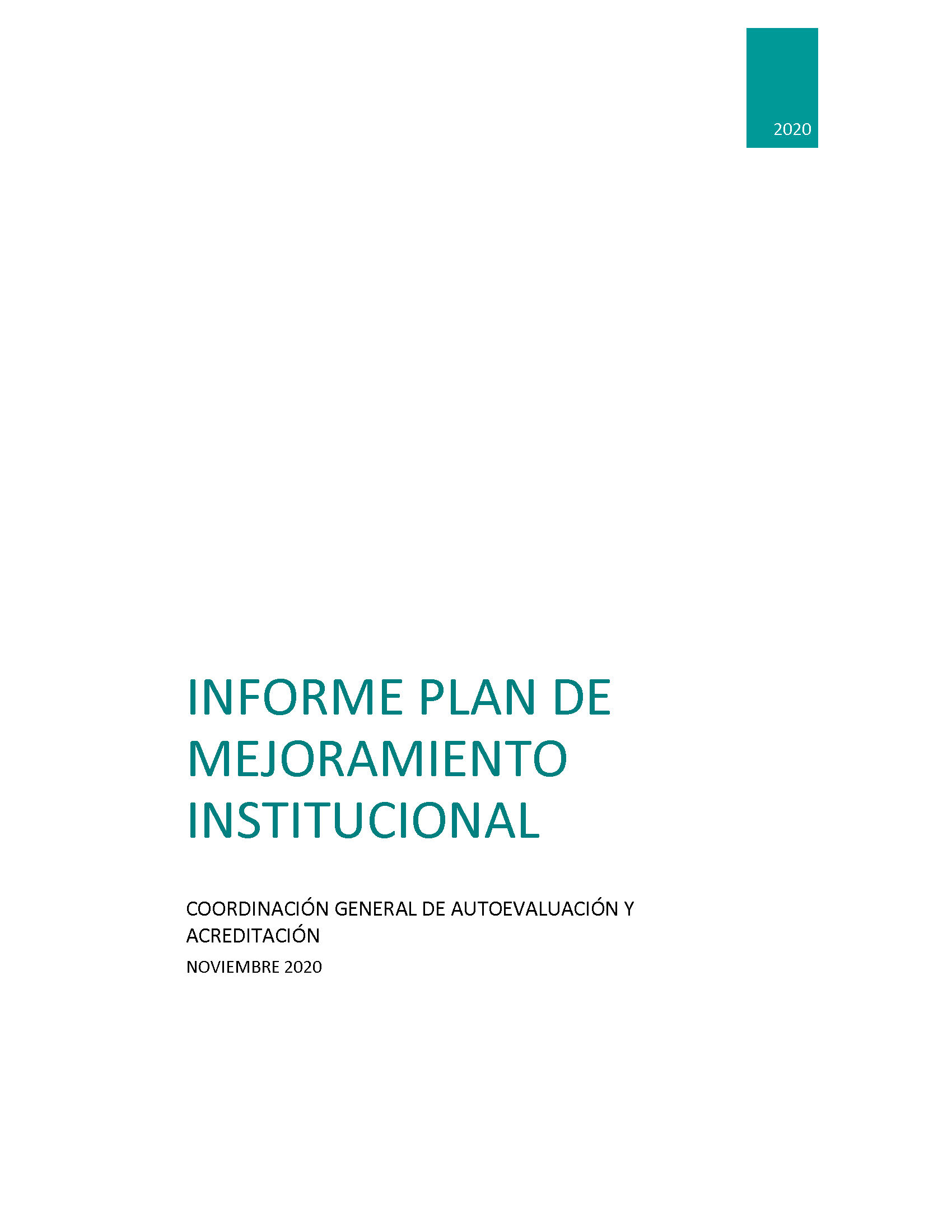 Imagen portada del Informe Plan de Mejoramiento Institucional 2020